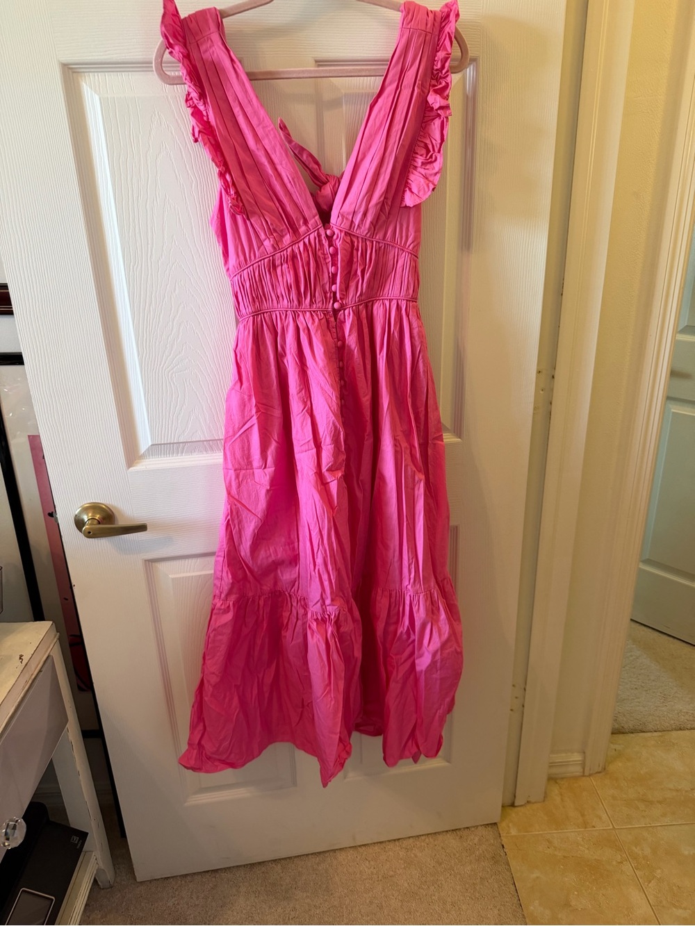 Bright Pink Ruffle V-Neck Midi Dress